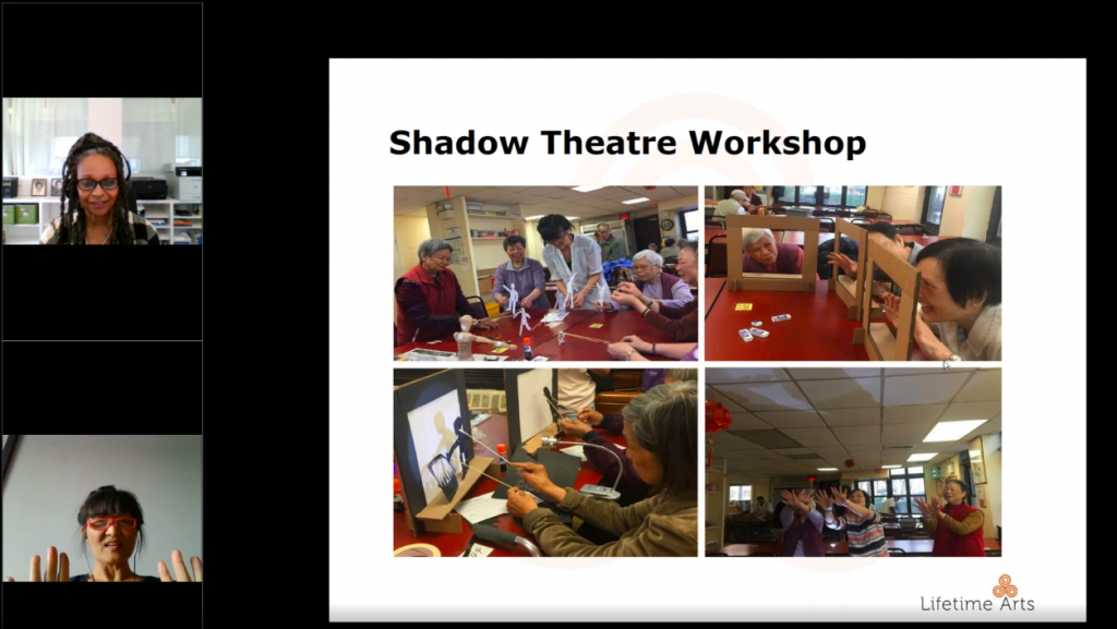 A screenshot of a webinar featuring two speakers and a slide depicting several images from a creative aging workshop.